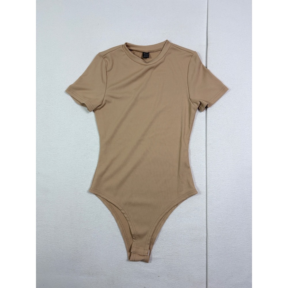 SHEIN Womens Ribbed Short Sleeve Bodysuit Tan Beige Crew Neck Snap Crotch Small